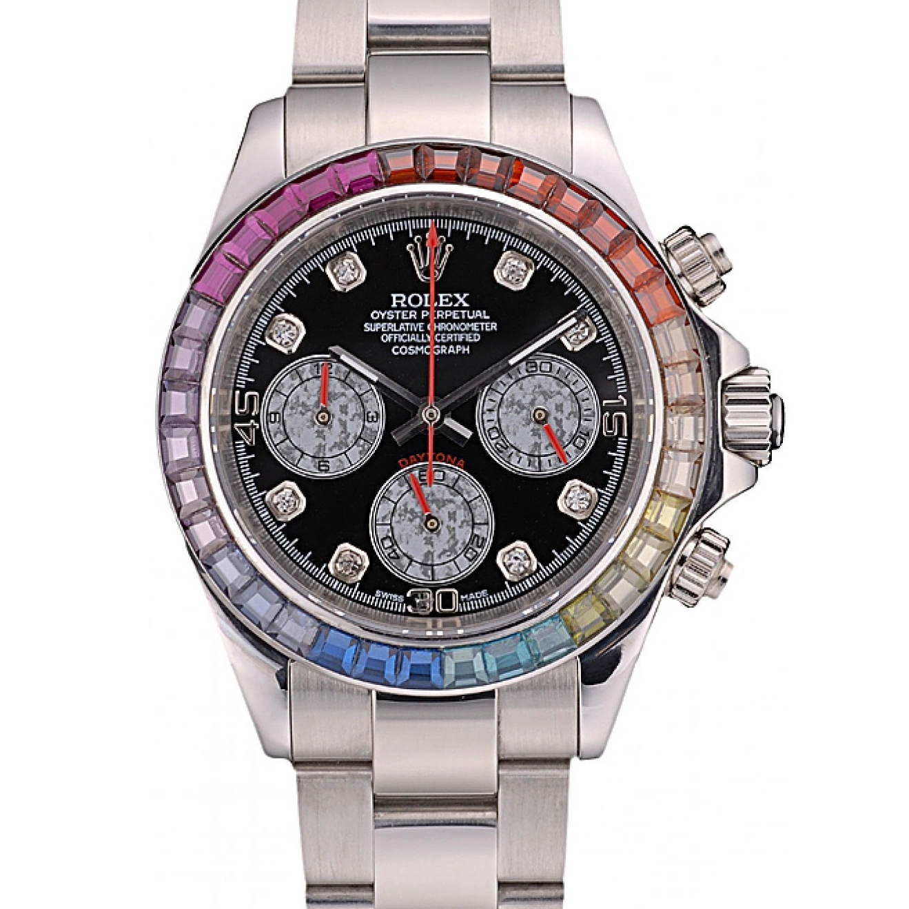 Best AAA Replica Sites Daytona Crystals 80250 Dial Rainbow Rolex Steep Black Strap Stainless Bezel Cosmograph 0704